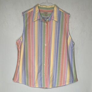 L.L. Bean Pastel Pinstripe Sleeveless 100% Cotton Button Down Collared Tank Top